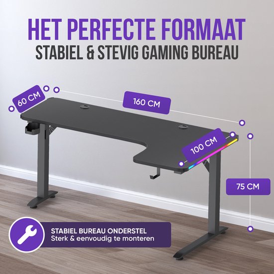Avalo Gaming-Schreibtisch – 160 × 100 × 75 cm – L-förmiger Eckschreibtisch – Gaming-Schreibtisch mit LED-Beleuchtung – Tisch – Schwarz – Ecke rechts