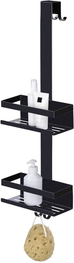 WENKO Duschregal Bribano Duo, 2-stöckig, Edelstahl, mattschwarz, 23 x 71 cm – Duschregal ohne Bohren – Hängendes Duschregal – Duschkorb – Hängbarer Duschkorb