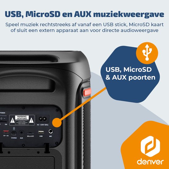 Denver Bluetooth-Lautsprecher Partybox – Disco-Lichter – Partybox – inkl. Mikrofon – Lautsprecher – BPS370