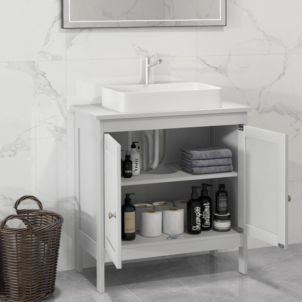 Coast Unterschrank Waschbecken - 60x30x62 cm - Weiß - Badezimmerschrank mit 2 Türen und verstellbarem Einlegeboden