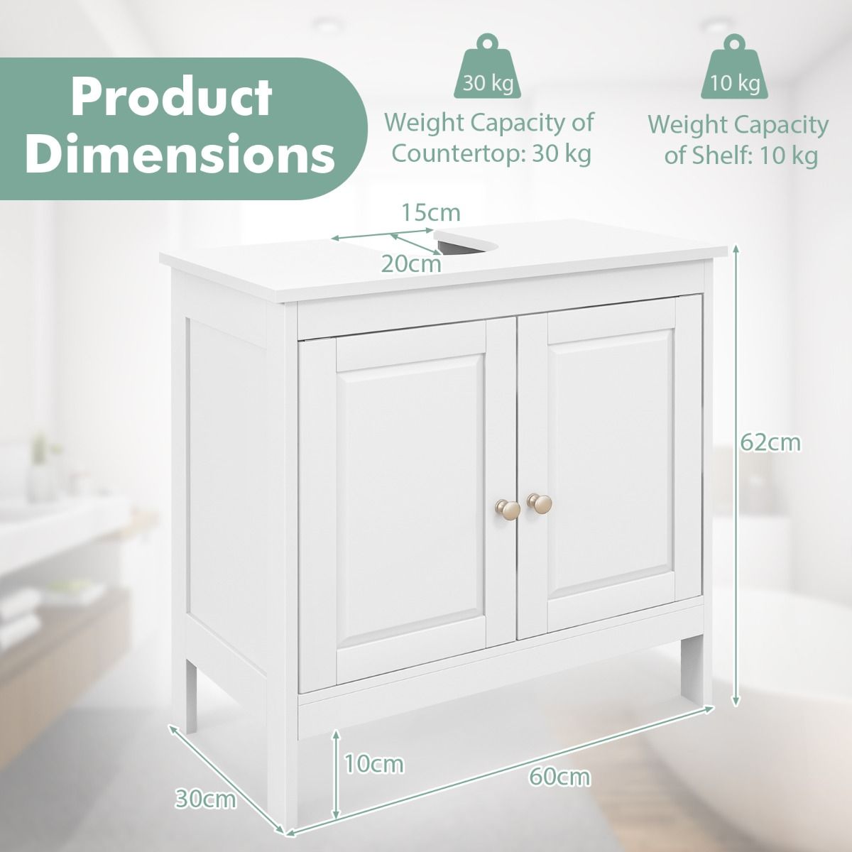 Coast Unterschrank Waschbecken - 60x30x62 cm - Weiß - Badezimmerschrank mit 2 Türen und verstellbarem Einlegeboden