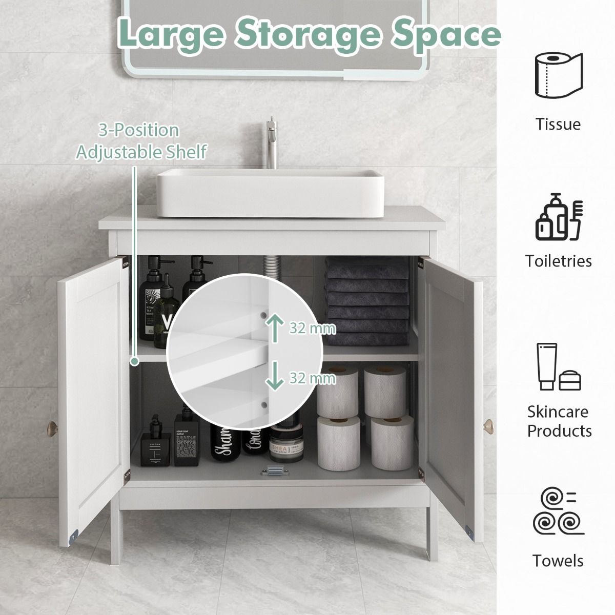 Coast Unterschrank Waschbecken - 60x30x62 cm - Weiß - Badezimmerschrank mit 2 Türen und verstellbarem Einlegeboden