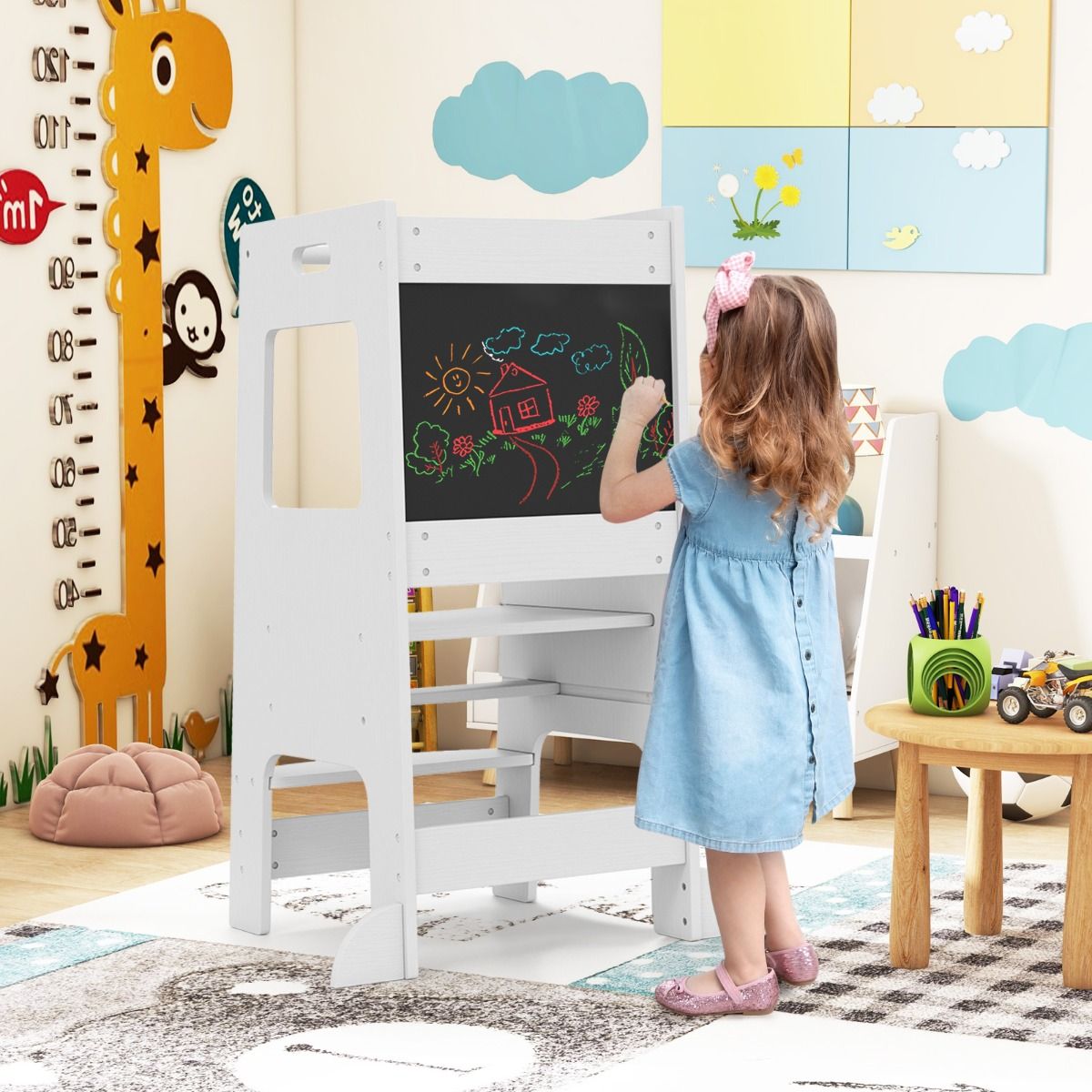 Coast Kitchen Steps für Kleinkinder - Kinderhocker aus Holz mit Activity Board - Verstellbar 30/40 cm - Sicherheitsschiene - Weiß 60 x 49 x 91,5 cm