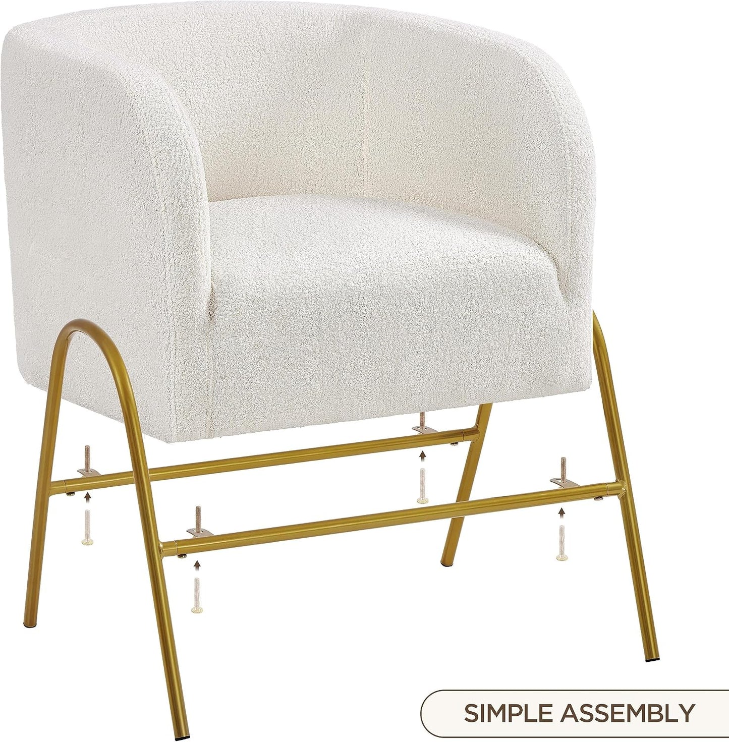 Yaheetech Akzentstuhl Luxuriöser Fassstuhl Bouclé – Goldene V-Beine – Elfenbein – 69 x 69 x 72 cm