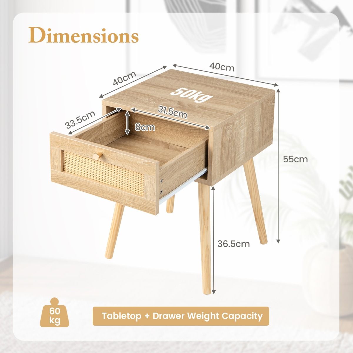 Coast 2er-Set Rattan-Nachttische – mit Schublade – Beine aus Massivholz – Eiche natur – 40 x 40 x 55 cm