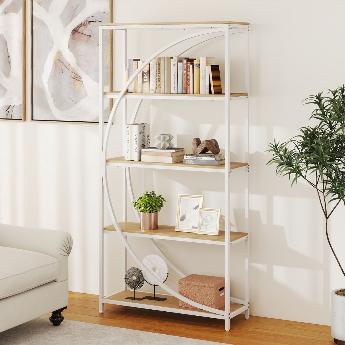 Coast Bücherregal – geometrisches Design – 5 offene Einlegeböden – weiß und naturfarben