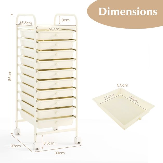 Coast Storage Trolley - Metall - 10 Schubladen - 360° Räder - 33x37x86 cm - Schwarz