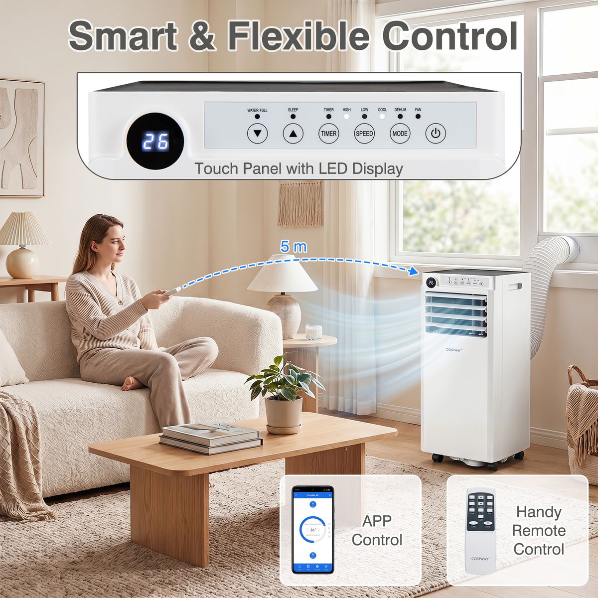 Coast Mobile Klimaanlage – 4-in-1-Luftkühler mit Luftentfeuchter und Ventilator – Schlafmodus – weiß und schwarz – 30 x 29 x 69 cm