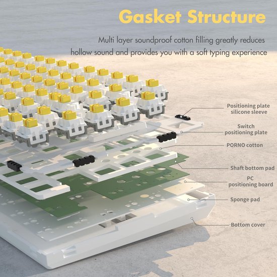 Ajazz AK820 – 75 % kabelgebundene RGB-Gaming-Tastatur – mechanisch – Gasket – Hot-Swap – Lautstärkeregler – QWERTY-Tastatur – 82 Tasten – Mondlichtgelb