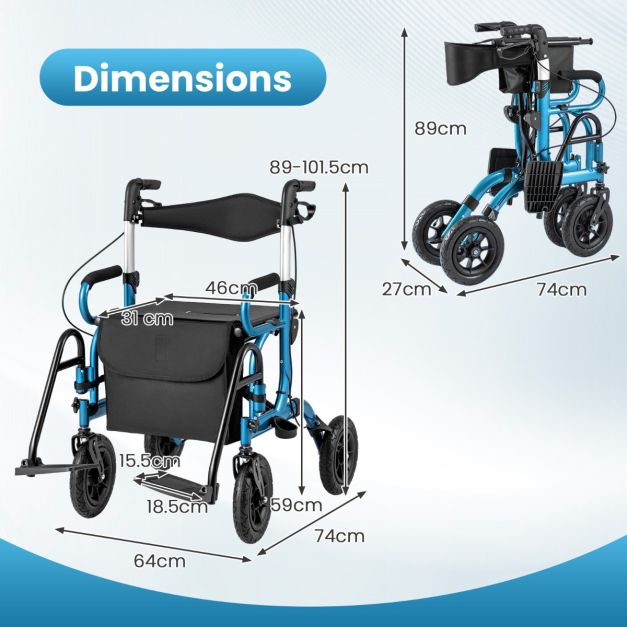 Coast 2-In-1 Rollator - Gehhilfe - Einstellbar - Mit Tasche - Schwarz/Blau