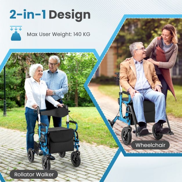 Coast 2-In-1 Rollator - Gehhilfe - Einstellbar - Mit Tasche - Schwarz/Blau