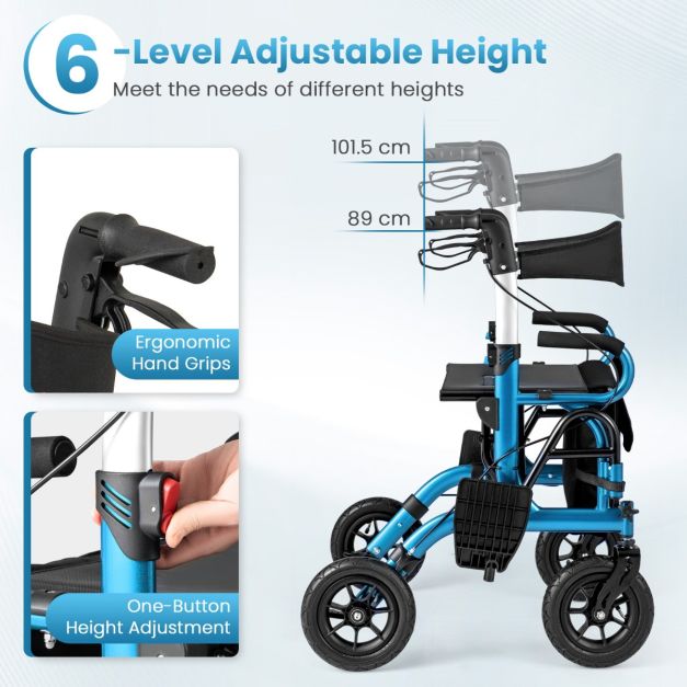 Coast 2-In-1 Rollator - Gehhilfe - Einstellbar - Mit Tasche - Schwarz/Blau