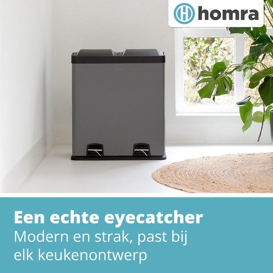 Homra NEVIQ Abfalltrennbehälter mit 2 Fächern - 2 x 30 L Fassungsvermögen - Duo-Tret-Abfalleimer Grau - 2-Fach-Abfalleimer 60 L - Hochwertiger Edelstahl - Tret-Abfalleimer - Hygienische Abfalltrennung - Duo-Mülleimer Grau