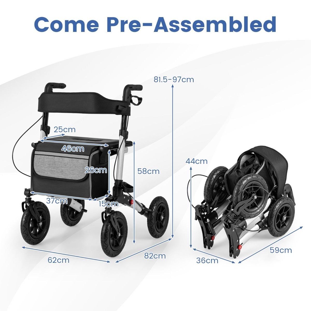 Coast 2-in-1 Rollator und Reiserollstuhl Schwarz/Rot/Silber - 62 x 82 x 81,5-97 cm - faltbar