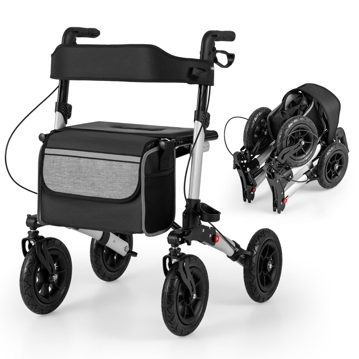 Coast 2-in-1 Rollator und Reiserollstuhl Schwarz/Rot/Silber - 62 x 82 x 81,5-97 cm - faltbar