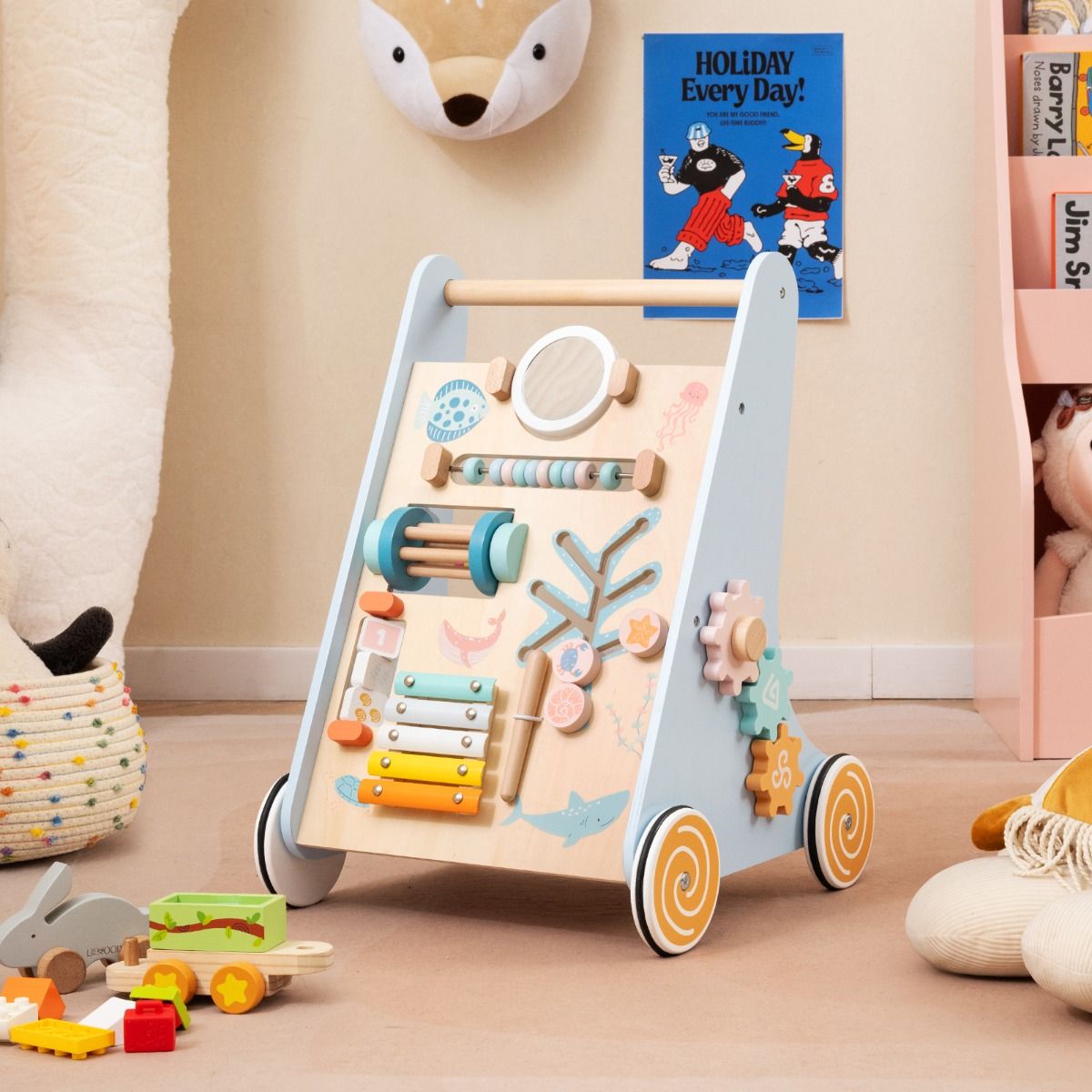 Coast Wooden Baby Rollator Montessori Activity Centre auf Rädern - 8-in-1 Push & Pull Spielzeug - Blau - 35 x 33 x 48 cm