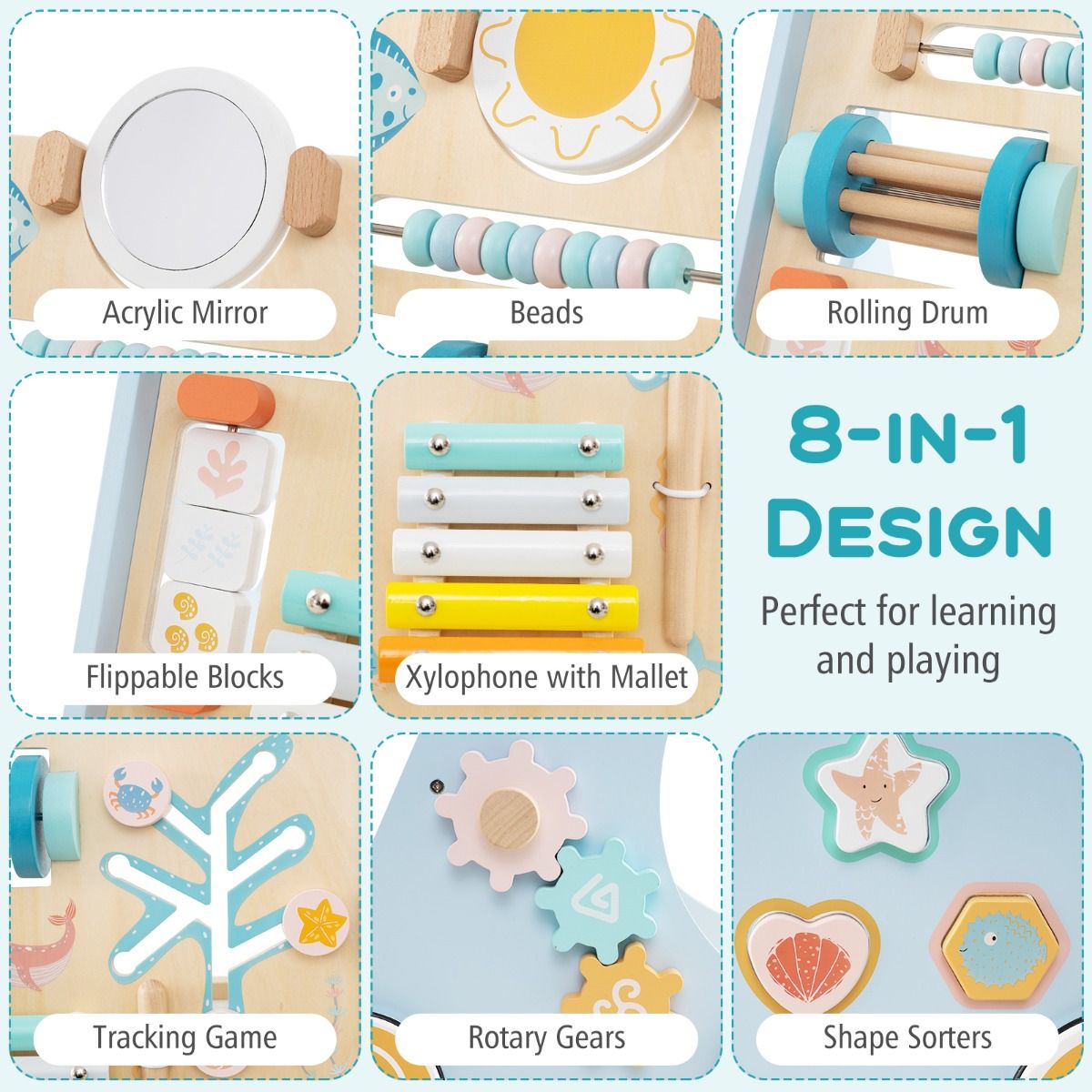 Coast Wooden Baby Rollator Montessori Activity Centre auf Rädern - 8-in-1 Push & Pull Spielzeug - Blau - 35 x 33 x 48 cm