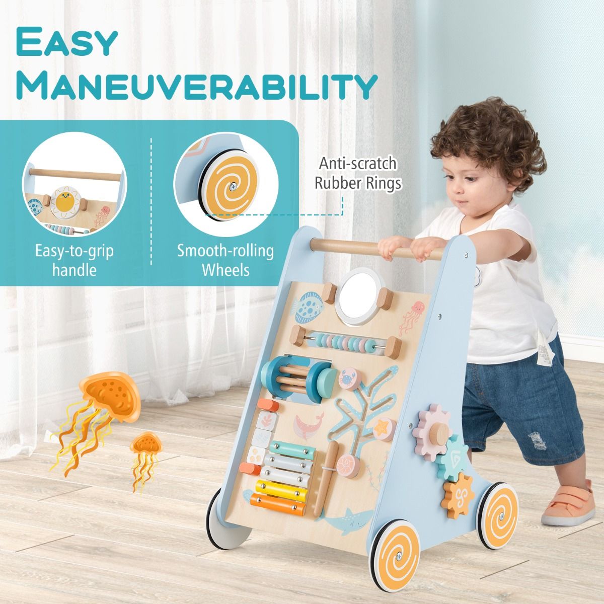 Coast Wooden Baby Rollator Montessori Activity Centre auf Rädern - 8-in-1 Push & Pull Spielzeug - Blau - 35 x 33 x 48 cm