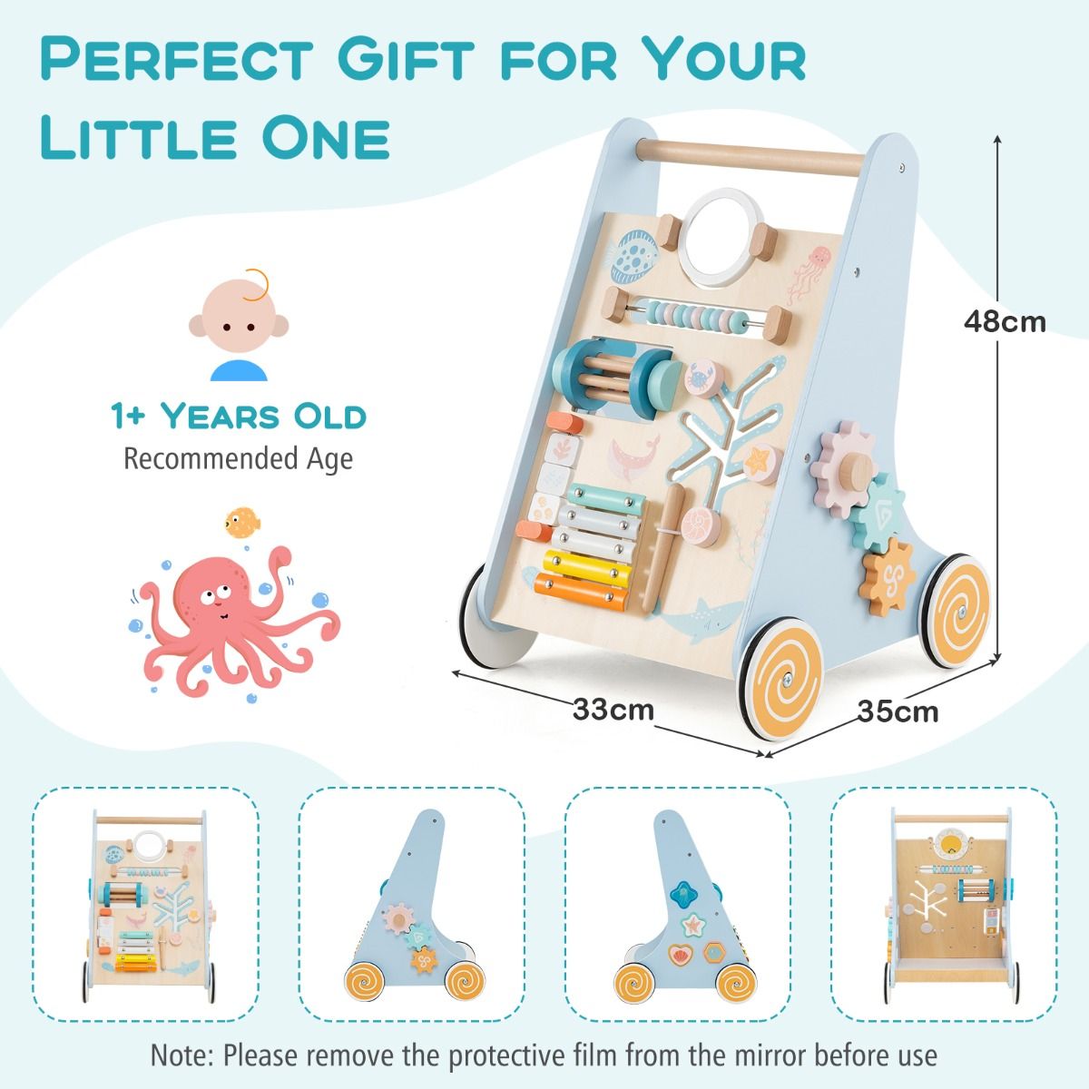 Coast Wooden Baby Rollator Montessori Activity Centre auf Rädern - 8-in-1 Push & Pull Spielzeug - Blau - 35 x 33 x 48 cm