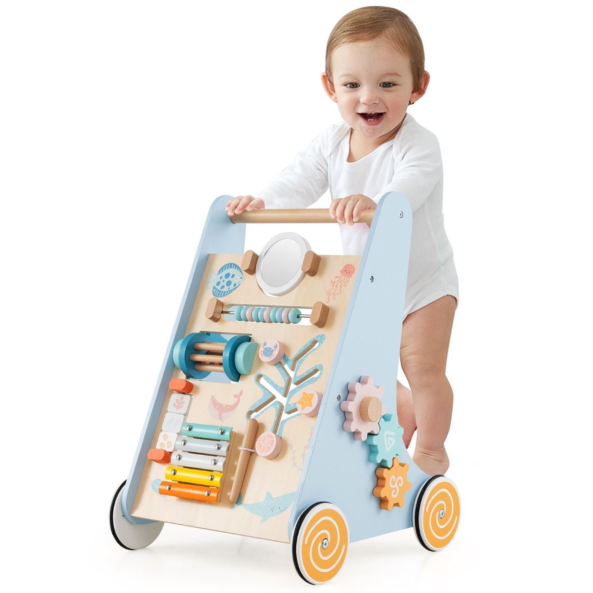 Coast Wooden Baby Rollator Montessori Activity Centre auf Rädern - 8-in-1 Push & Pull Spielzeug - Blau - 35 x 33 x 48 cm