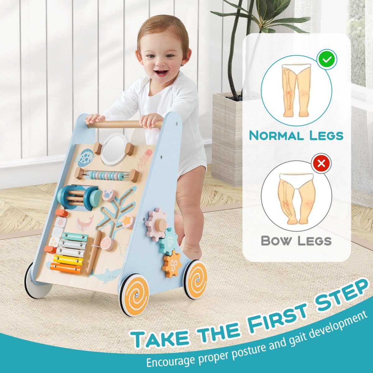 Coast Wooden Baby Rollator Montessori Activity Centre auf Rädern - 8-in-1 Push & Pull Spielzeug - Blau - 35 x 33 x 48 cm