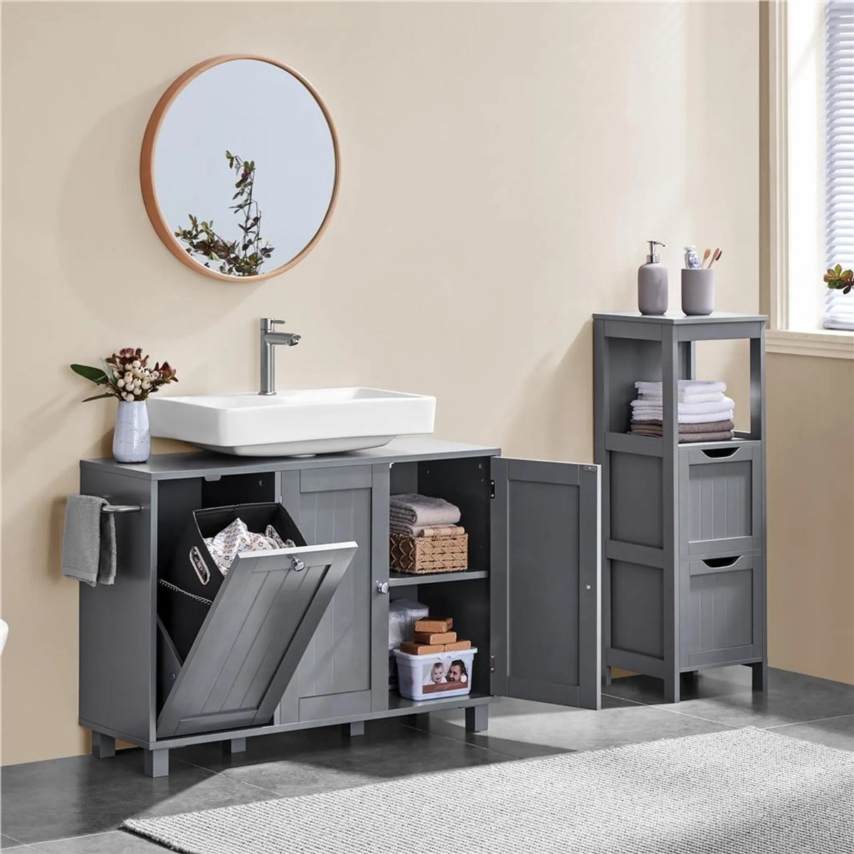 Yaheetech Waschbeckenunterschrank mit U-förmiger Aussparung und Wäschekorb 90 x 30 x 62,5 cm – Dunkelgrau – MDF und Metall
