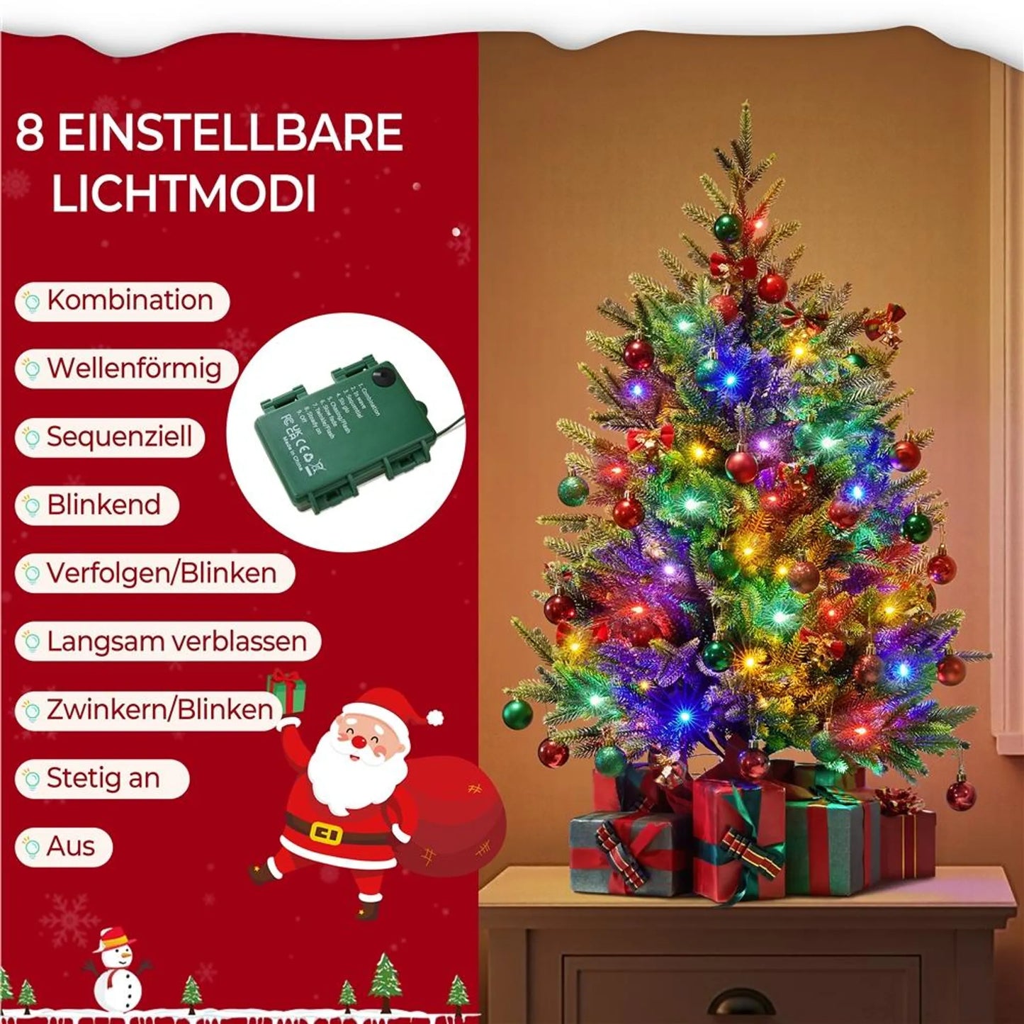 Yaheetech Künstlicher Weihnachtsbaum mit 50 farbigen Led-Lichtern - mit 143 Zweigspitzen und 8 Lichtmodi und Zementsockel - für Fensterbank und Tisch - grünes PVC und Beton - 58 x 58 x 91,5 cm