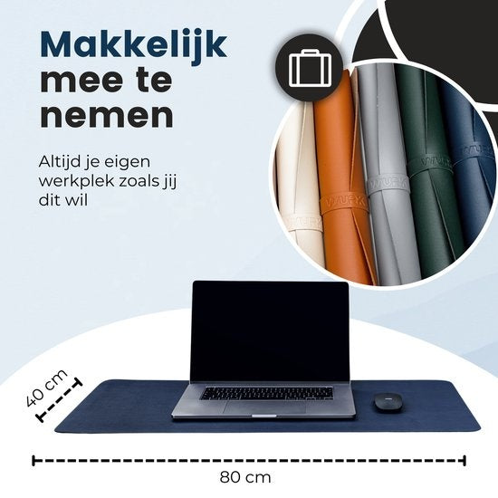 WURK Professionelle Schreibtischunterlage aus Kunstleder - Schreibtisch-Organizer - Schreibtischzubehör - Mauspad XXL- Inklusive Kabelclip - 80x40 - Blau