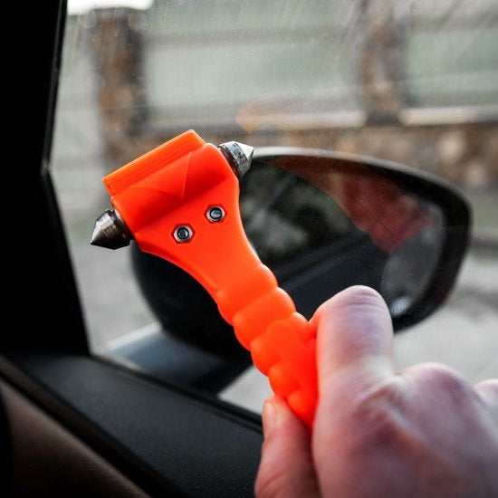 Sicherheitshammer - 2 Stück - Nothammer mit Sicherheitsgurtschneider - inkl. Halterung und Befestigungsmaterial - Orange