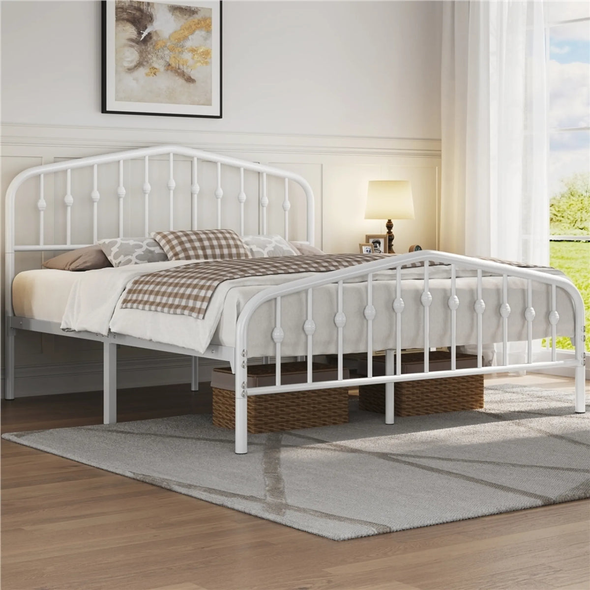 Yaheetech Klassisches Metallbett mit hohem Kopfteil 160 x 200 cm – Weiß – Metall