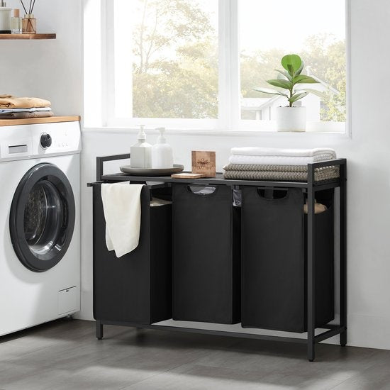 O'DADDYÂ¬Ã† Wäschekorb 3 Fächer - Wäschesortierer - ausziehbar mit Regal - 92,5 x 33 x 71 cm - Wäschekorb - 114L unterteilt in 3 Fächer - Wäschekörbe - Wäschekorb schwarz Metall - dunkelgrau