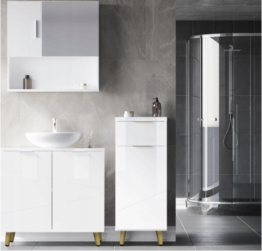 Woltu Waschtischunterschrank – mit 2 Flügeltüren, verstellbarem Einlegeboden und goldenen Details – für die Montage unter dem Waschbecken – weißes und goldenes Verbundholz – 60 x 60 x 30 cm