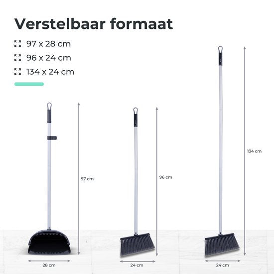 CLEANLY Kehrschaufel und Besen mit langem Stiel 134 cm - Besen für drinnen und draußen - Innovative Bürstenfasern - Schwarz, Grau