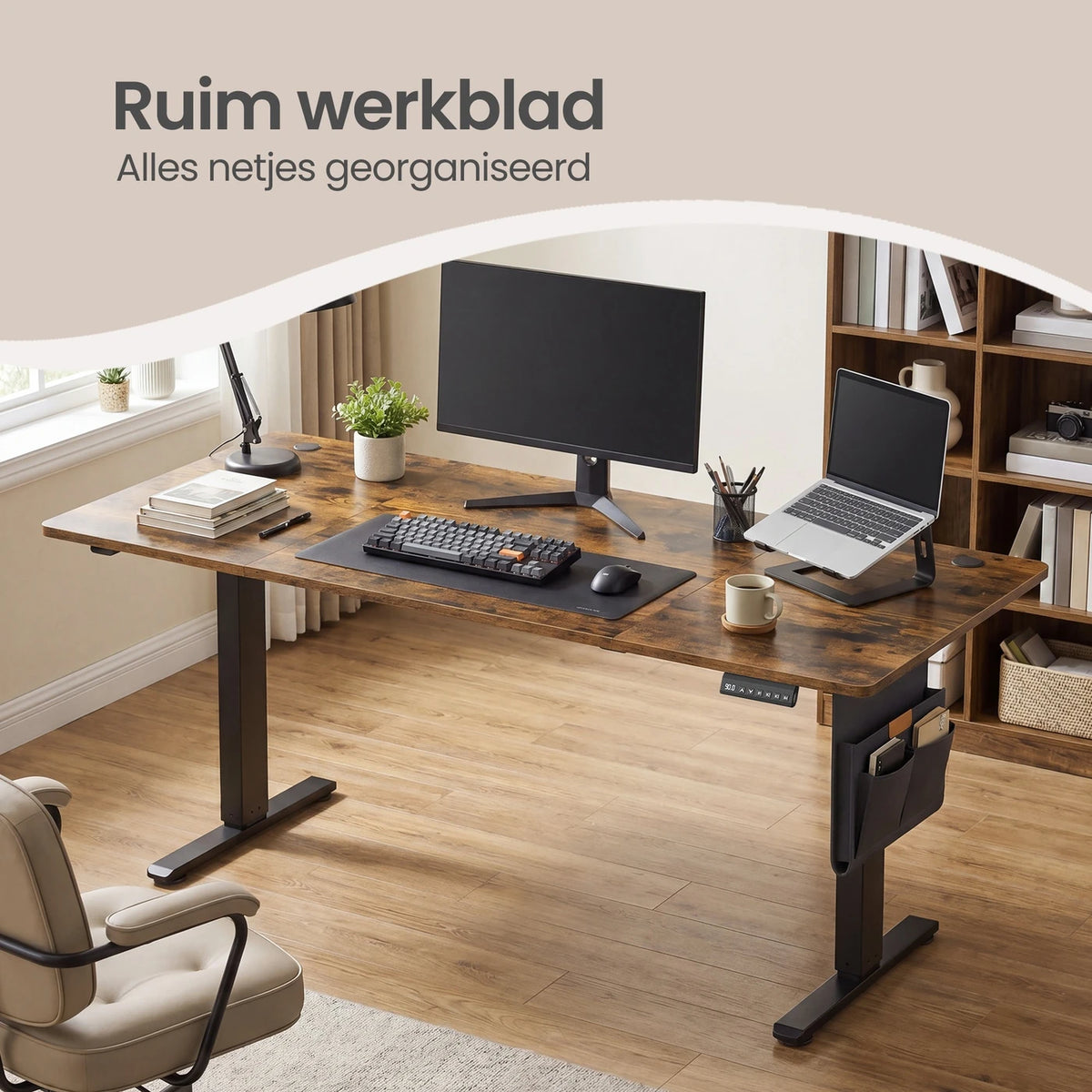 JOYFURNOS Elektrisch höhenverstellbarer Schreibtisch 180 x 80 cm – 72–120 cm – Vintage-Braun & Schwarz – Speicherfunktion – 70 kg
