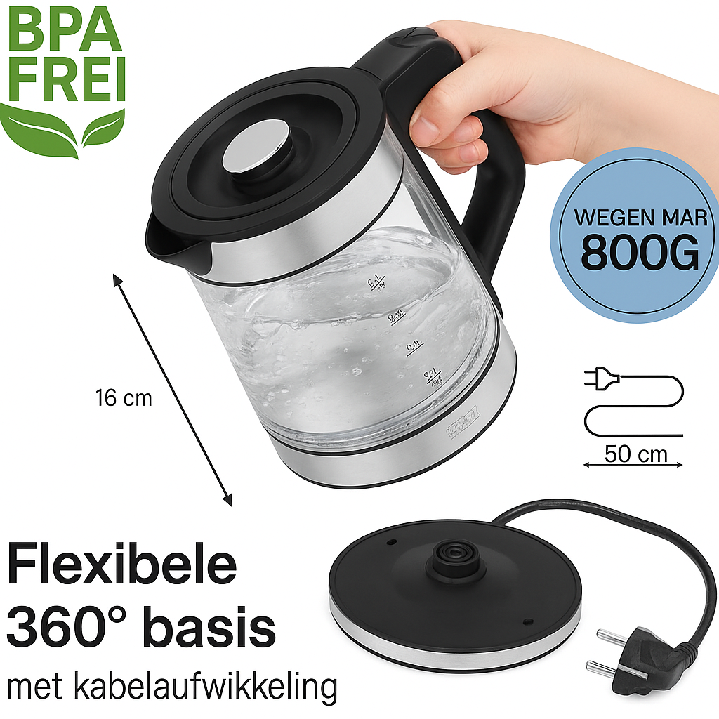 LEBENLANG - Glas-Wasserkocher - Klein - 1,2 Liter - LED-Licht - Edelstahl-Design - BPA-freier Wasserkocher - Leiser und kleiner Reise-Wasserkocher für Camping