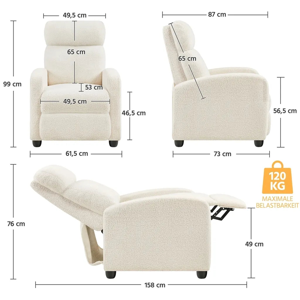 Yaheetech Relaxsessel – Verstellbare Rückenlehne – Fußstütze – Bouclé – Cremefarben