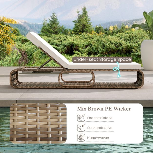 Coast Sonnenliege - Rattan - Verstellbar - Aufbewahrung - Kissen - 185 x 65 x 26-86 cm - Mixed Brown