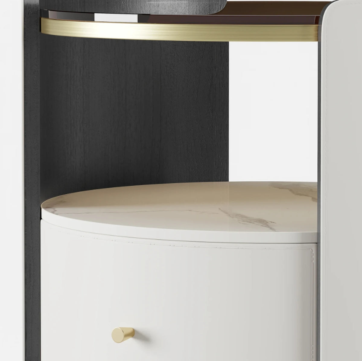 Homary Runder Nachttisch mit Glasplatte – Sinterstein – 49 x 49 x 48 cm – mit Schublade