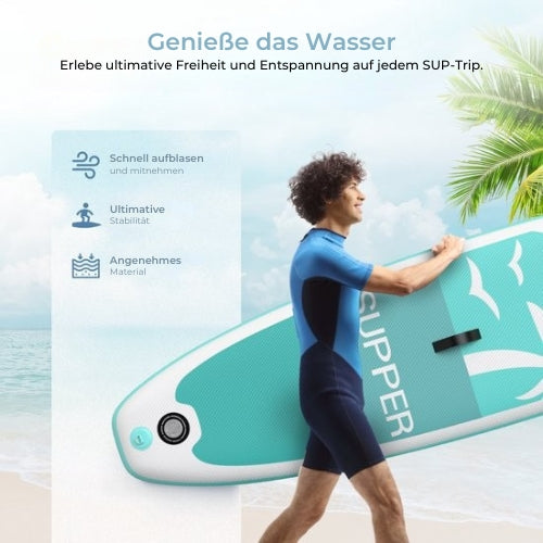 Supper - Sup Board XL - Max. 220KG - Wasserdichte Handytasche - Pumpe - Tragetasche - 335 x 81 cm - Türkis