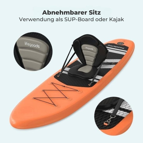 LifeGoods SUP Board - Mit Sitz - Aufblasbares Paddle Board - Komplettset - Max. 135KG - 320x81cm - Orange