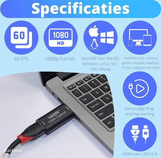EarKings HDMI zu USB Adapter - Video Capture - geeignet für PlayStation, Xbox, Nintendo, Windows, MAC - Schwarz