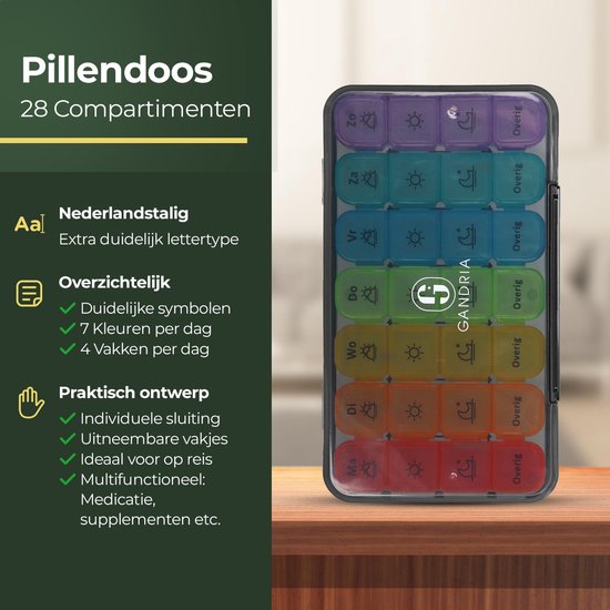 Gandria Pillenbox 7 Tage - Herausnehmbare Pillenbox - Medizinbox mit 28 Fächern - Medizinbox mit stabilem Verschluss - 4 Fächer pro Tag