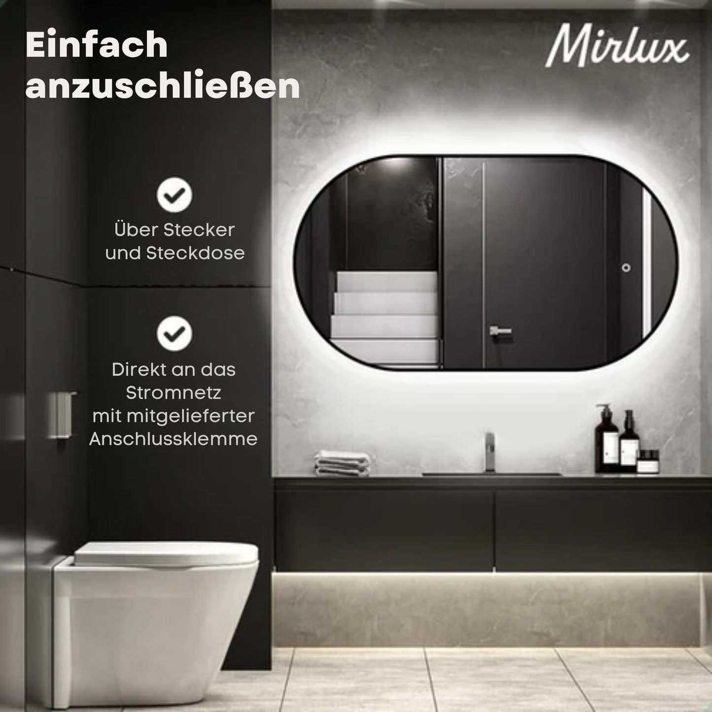 Mirlux Badezimmerspiegel - Mit LED-Beleuchtung & Heizung - Wandspiegel Oval - Anti-Kondensations-Duschspiegel - 90x50CM - Schwarz