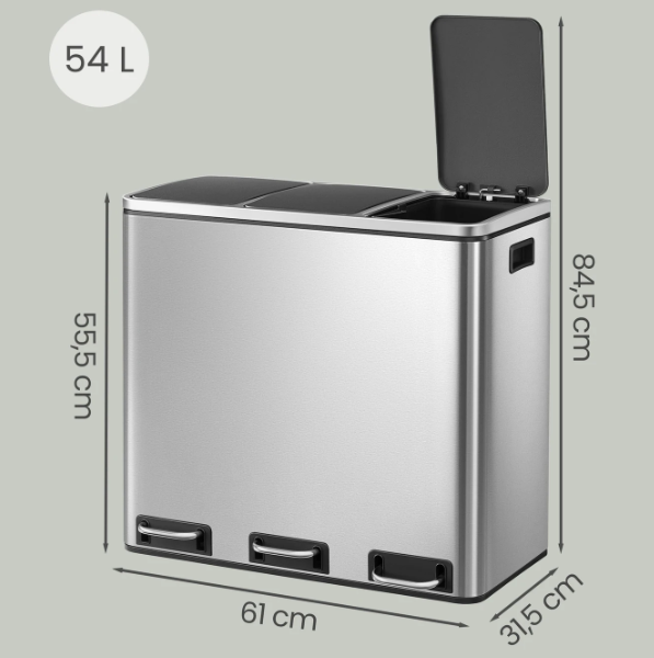 Joyfurnos Abfallbehälter mit 3 Fächern, 3 × 18 l – Silber & Schwarz – 61 × 31,5 × 55,5 cm
