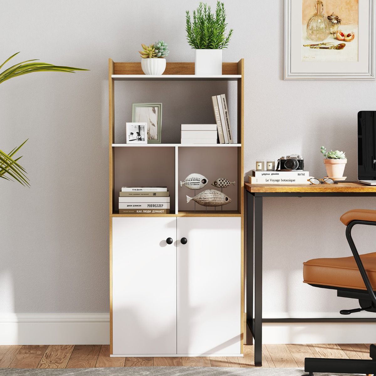 Coast Bücherregal mit Doppeltürschrank - Weiß & Natur - 3 Etagen hoher Regalboden - Freistehende Aufbewahrungsmöbel - 60 x 30 x 133 cm