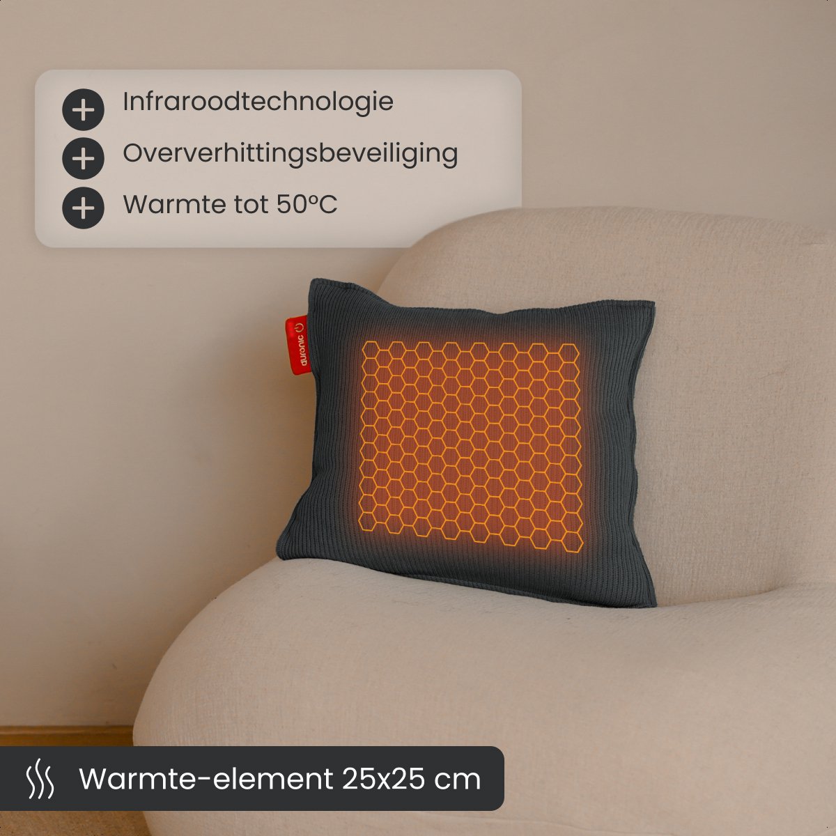 Auronic Wärmekissen - Gestrickt - 45x45 cm - Kabellos - Wiederaufladbar - Elektrisch - Infrarot - Grau