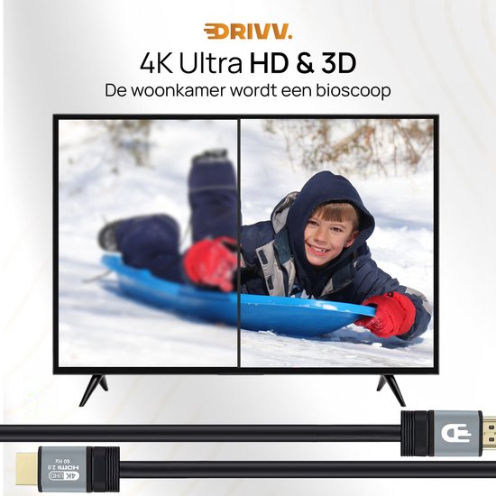 Drivv. Premium-HDMI-Kabel 2.0 – Ultra HD 4K 60 Hz – HDMI auf HDMI – Geeignet für Spielkonsolen – 10 Meter – PVC – Grau