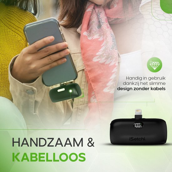 iSetchi Mini Powerbank 5000 mah - Kompakte Größe - Externer Akku - Integriertes Kabel - Notfallpaket - Lightning Kabel - LED Anzeige - Geeignet für iPhone - Schwarz