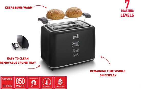 FRITEL Toaster TO 2995 – Stilvoller Toaster – 2 Schlitze – 7 Bräunungsstufen – 850 W – Touch-Display – Mattschwarz – Herausnehmbare Krümelfangschale + Brötchenaufsatz