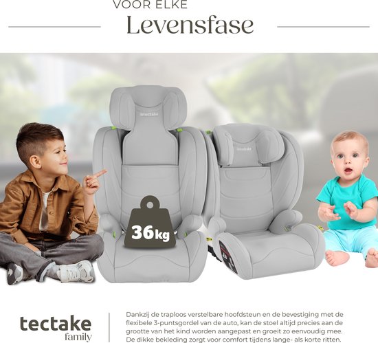 tectake® Autokindersitz i-Size Approved - ISOFIX Autositz bis 36 kg - Sicherheit und Komfort für Kinder- YB805A - hellgrau